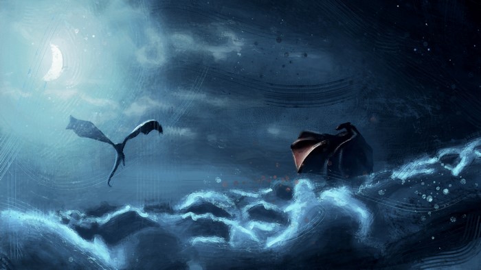 Dragon flying near a crescent moon over stormy clouds
