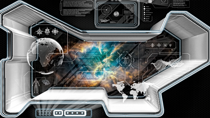 Futuristic spaceship cockpit with holographic displays