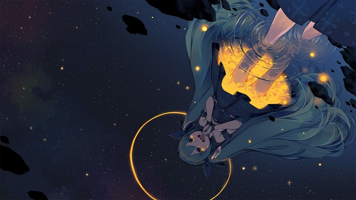 Anime girl with long teal hair in space