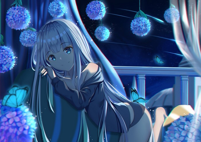 Anime girl with long white hair and blue eyes on a balcony at night