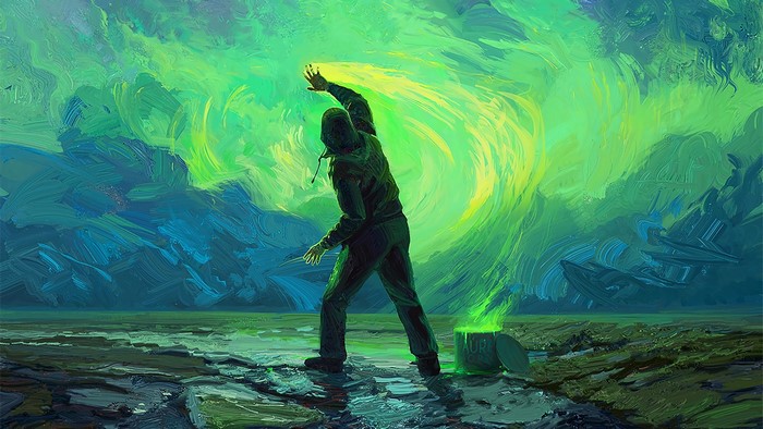Man creating aurora borealis from a bucket