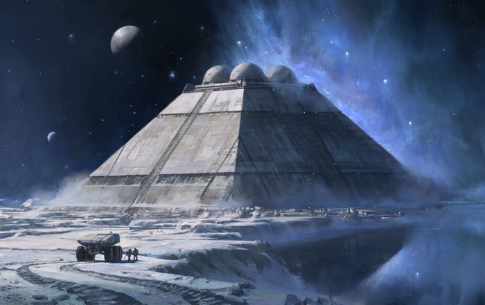 Futuristic pyramid structure on an alien planet with moons
