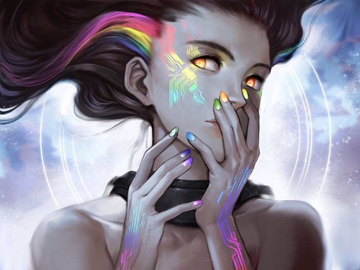 Fantasy girl with rainbow circuit patterns and orange eyes
