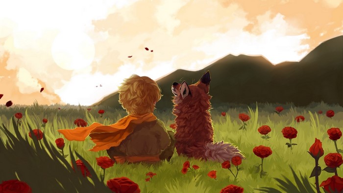The Little Prince and the Fox in a field of roses