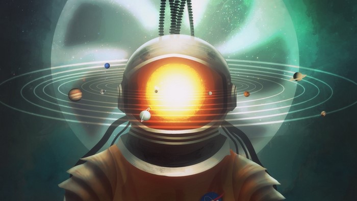 Astronaut with solar system in helmet by Syed Ali Qaiser