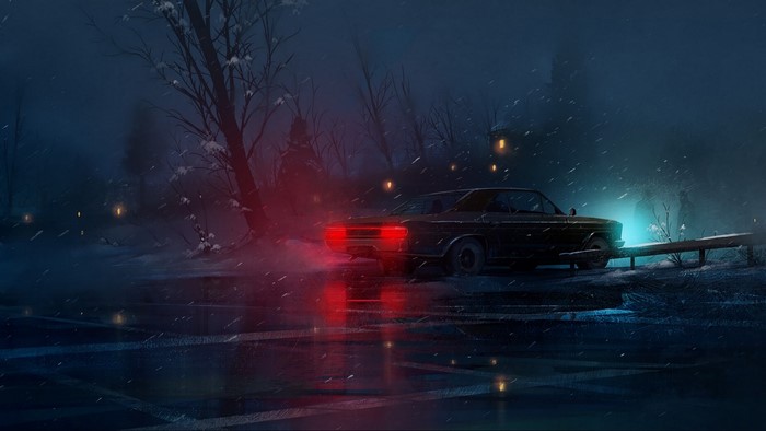 Car parked on a snowy night with red taillights