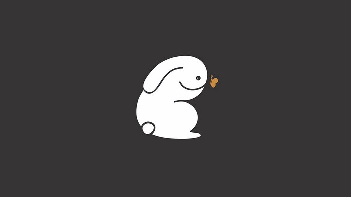 Minimalist illustration of a white rabbit and a butterfly