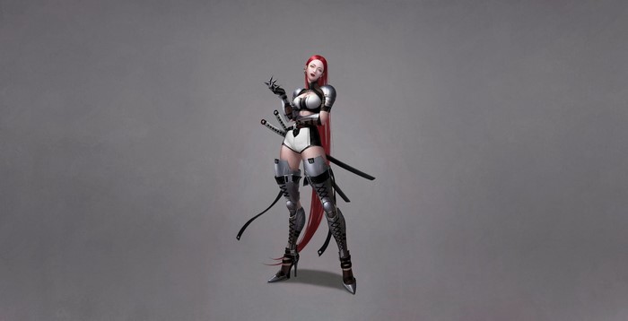 Redhead warrior with swords and armor