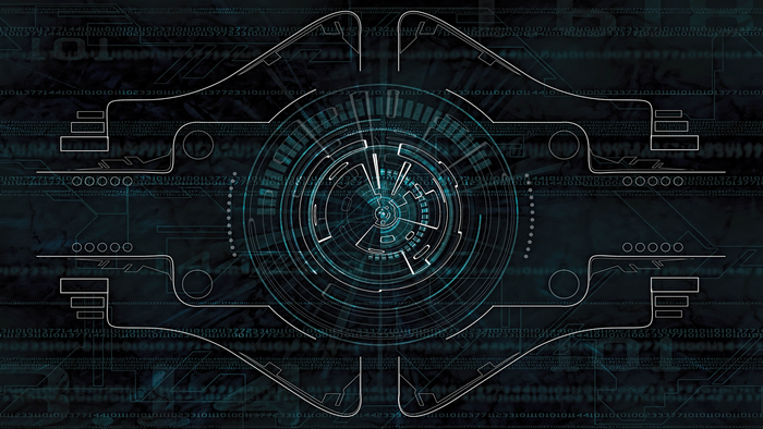 Futuristic abstract HUD with teal and binary code