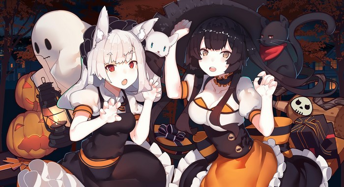 Anime girls in Halloween costumes with spooky decorations