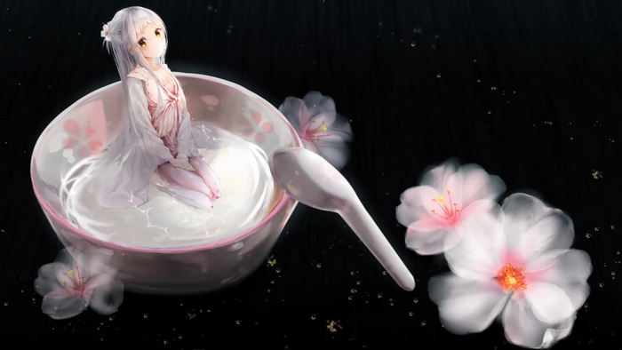 Anime girl in a bowl with flowers