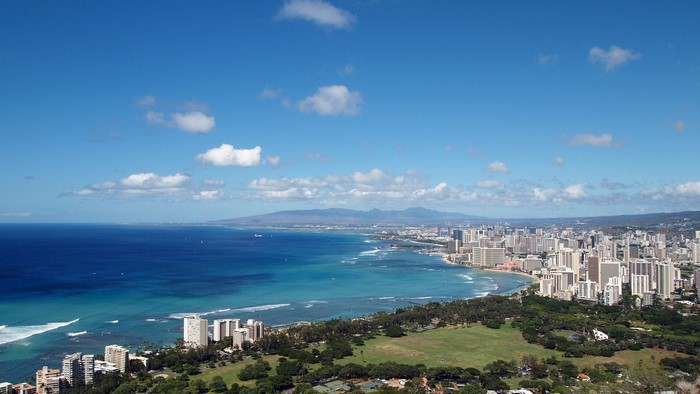 Aerial view of Honolulu, Hawaii coastline and city