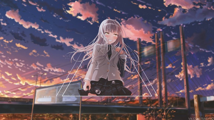 Anime girl in school uniform against sunset bridge