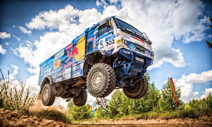 Kamaz truck jumping in a rally race