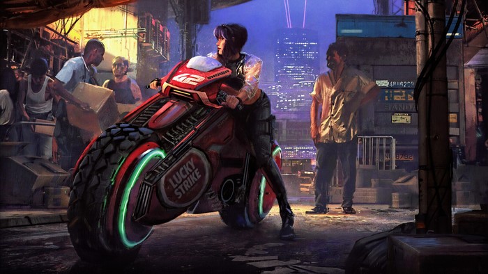 Major Motoko Kusanagi on a motorcycle in a cyberpunk city