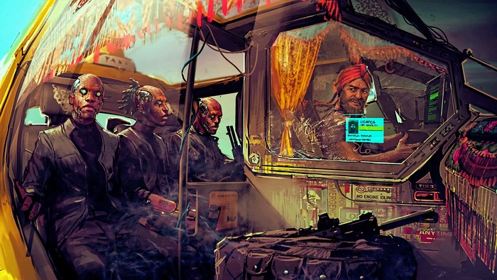 Cyberpunk 2077 futuristic taxi with passengers