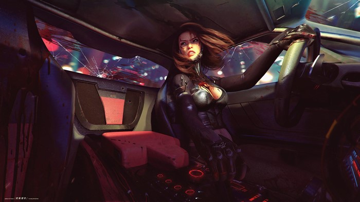 Woman in cyberpunk outfit driving a futuristic car