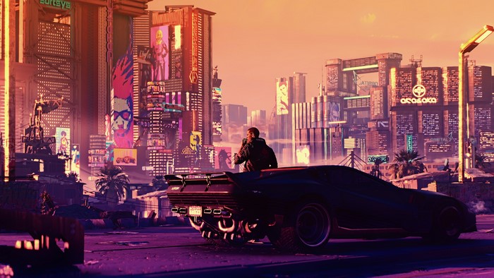 Cyberpunk 2077 futuristic city sunset with car