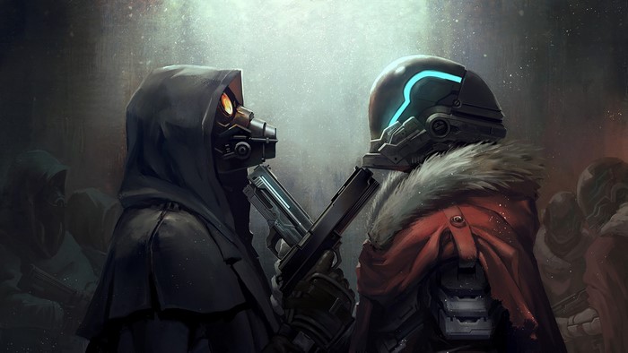 Two figures in futuristic gear with guns drawn