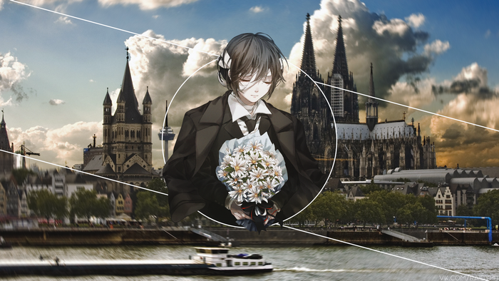 Anime boy with flowers in front of Cologne Cathedral