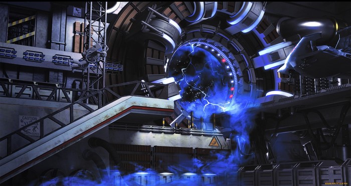 Sci-fi portal with blue energy and machinery