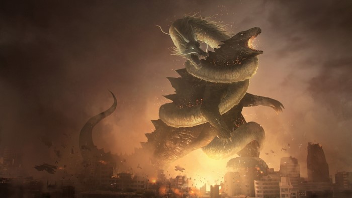 Dragon monster attacking a city
