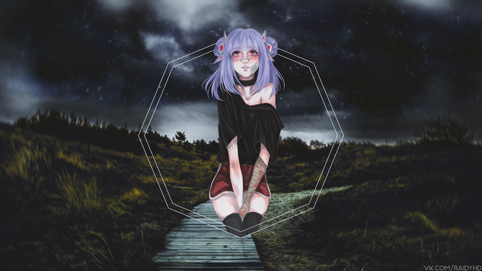 Anime girl with purple hair in a dark landscape