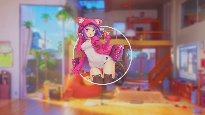 Anime girl with neko ears in a room