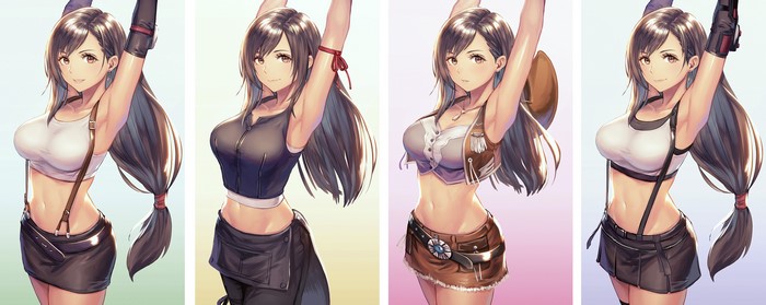 Tifa Lockhart from Final Fantasy VII in multiple outfits