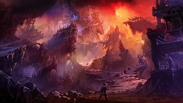 Fantasy landscape with ruins and a lone figure