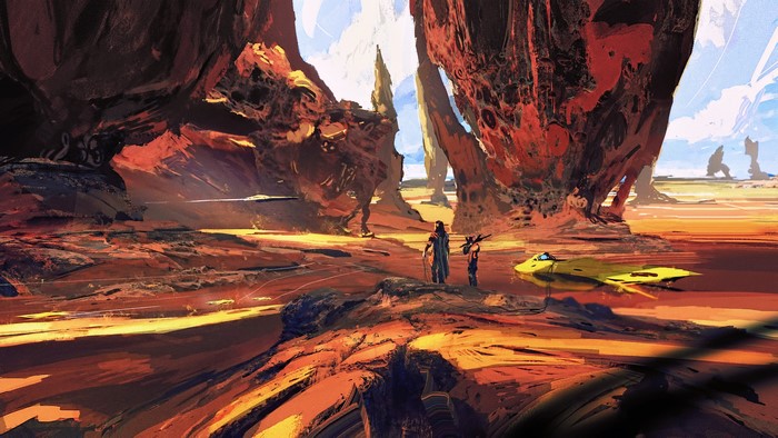 Two figures and a yellow vehicle on a rocky alien planet