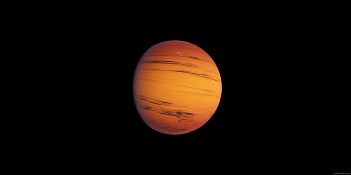Orange and red striped planet in space