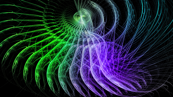 Abstract fractal art with green and purple swirls