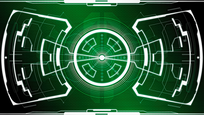 Green futuristic HUD interface with geometric patterns