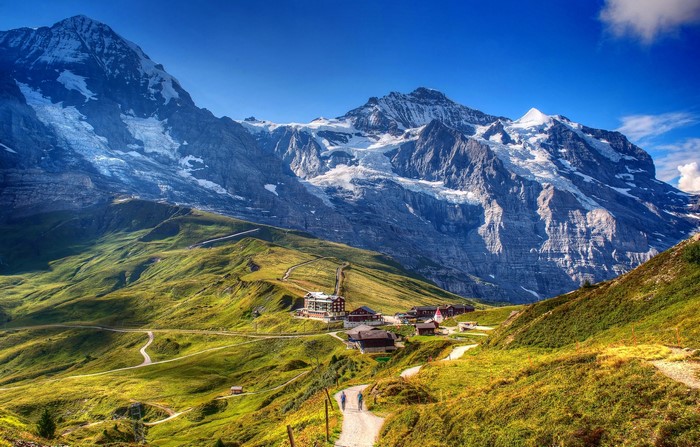 Mountain landscape with buildings and paths
