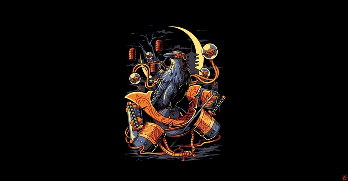 Raven Samurai with Moon and Lanterns
