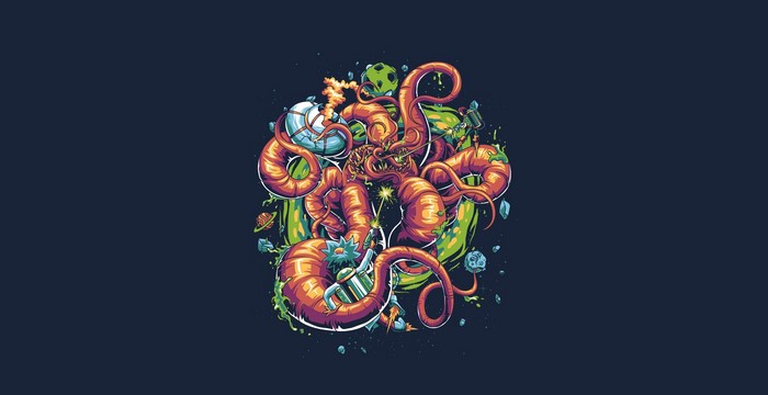 Rick and Morty creature with planets and objects
