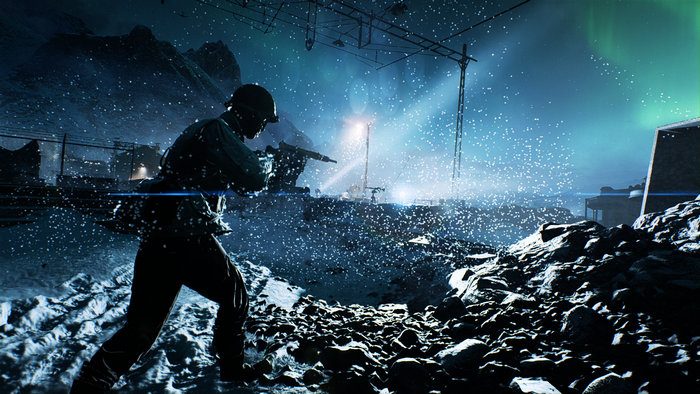 Soldier in snow with aurora borealis in Battlefield V