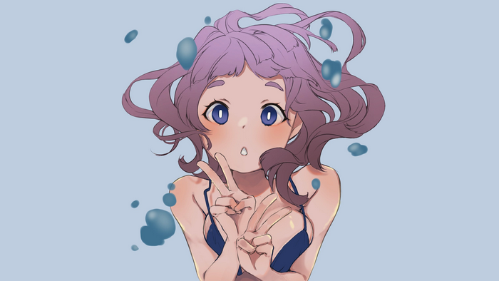 Anime girl with purple hair in a blue swimsuit