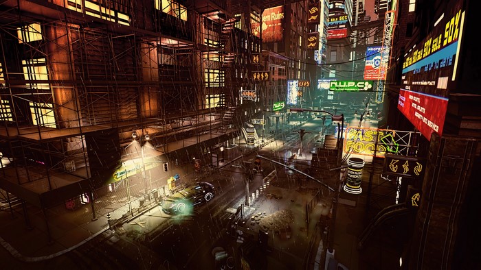 Cyberpunk Cityscape with Neon Signs and Scaffolding