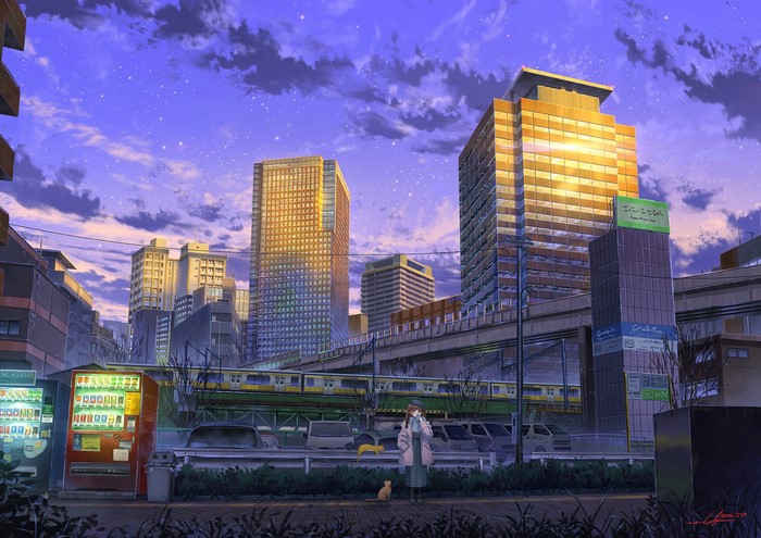 Anime girl and cats in a city at dusk