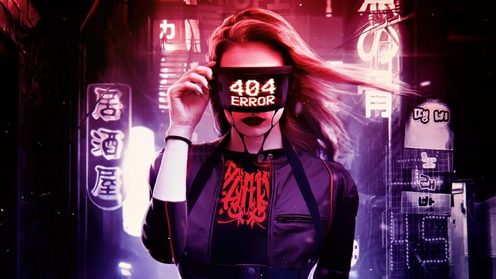 Cyberpunk woman with 404 error mask in neon city