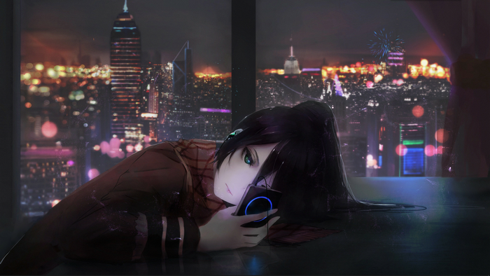 Anime girl with headphones looking at phone in city at night