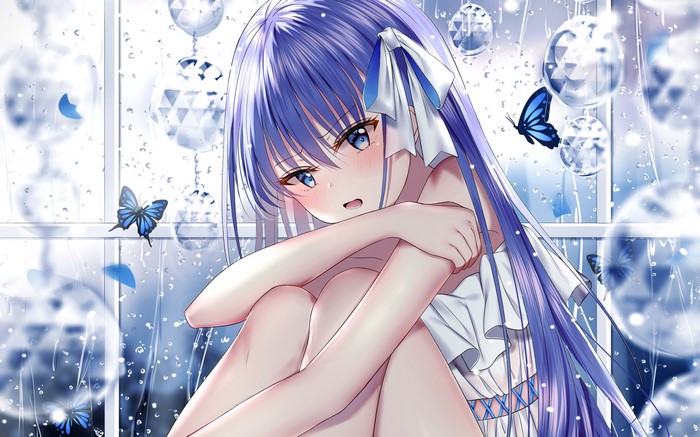 Anime girl with blue hair and butterflies