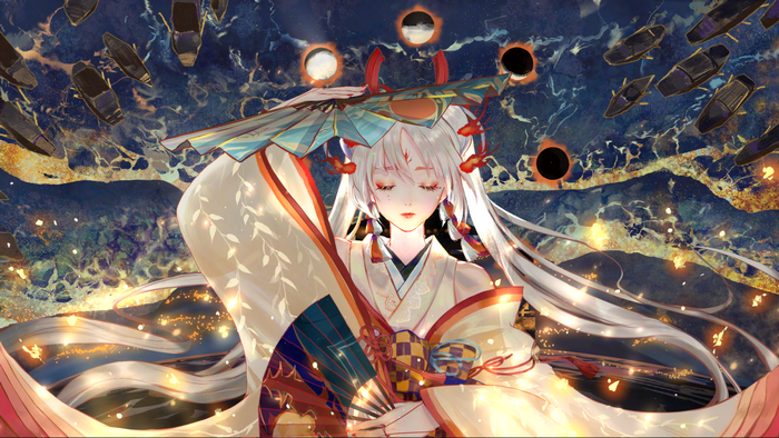 Anime girl in traditional Japanese attire holding a fan