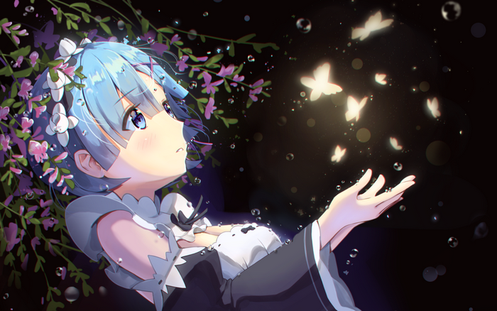 Rem from Re:Zero with flowers and butterflies