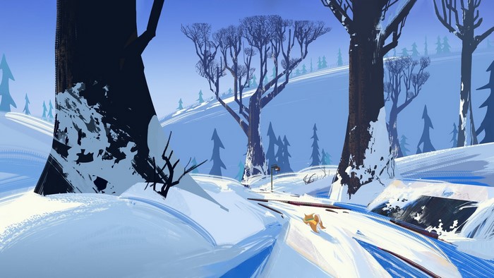 Artwork of a snowy forest with trees and a fox