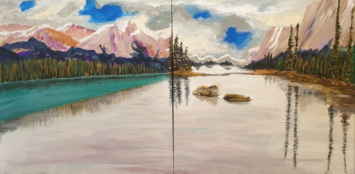 Painting of a mountain lake landscape