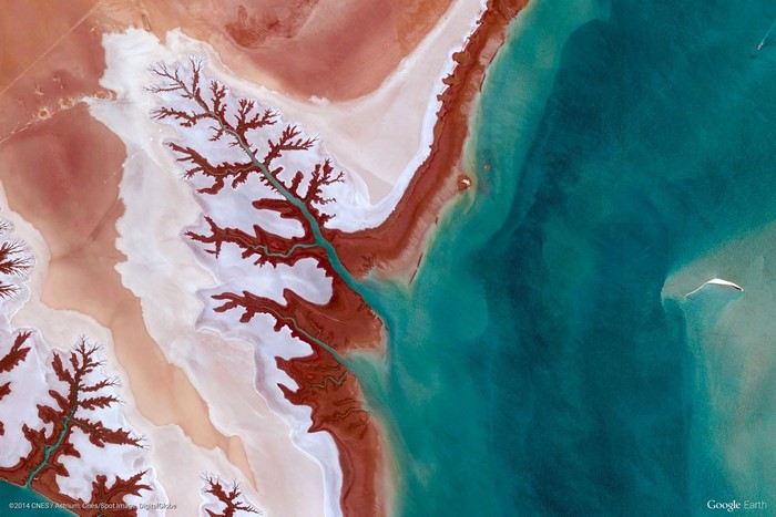 Aerial view of Iran coastline with turquoise water