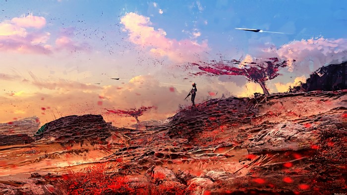 Sci-fi landscape with soldier and spaceships